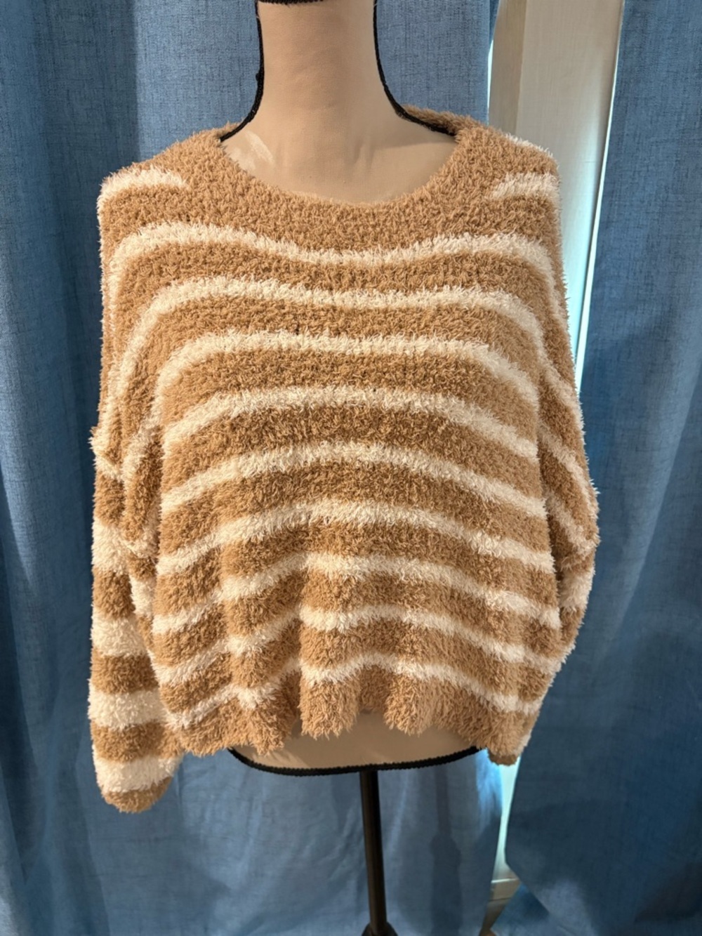Storia Cream and Tan Striped Fuzzy Crew Sweater